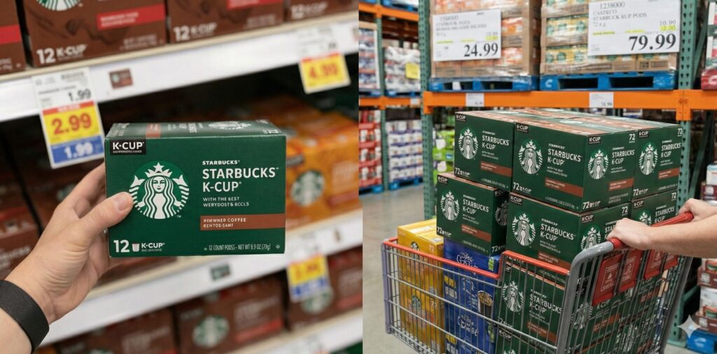 スーパーマーケットでスターバックスK-Cupの12個入り箱を手に持つ様子(左)と、コストコの倉庫店で72個入りの大箱をカートに山積みにして購入する様子(右)を比較した画像。通常店舗での少量購入とコストコでの大量まとめ買いの対比を示している。