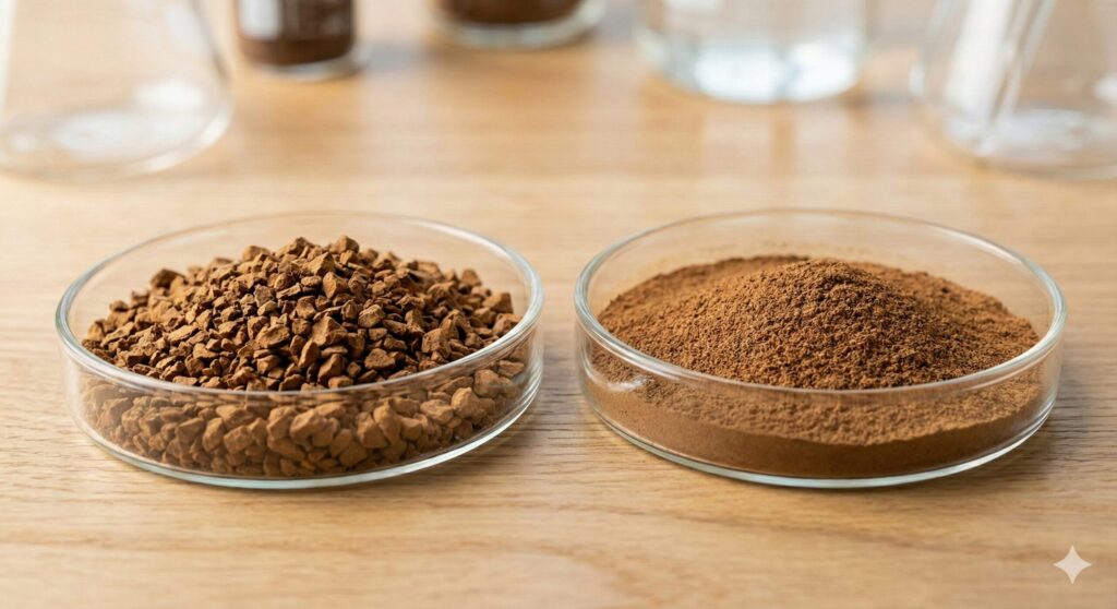 粒の大きなフリーズドライ製法と粉末状のスプレードライ製法のインスタントコーヒーの比較写真