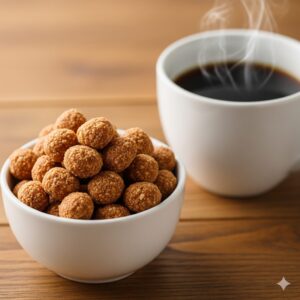 コメダの豆菓子に似ている市販の衣掛けピーナッツとホットコーヒーのセット