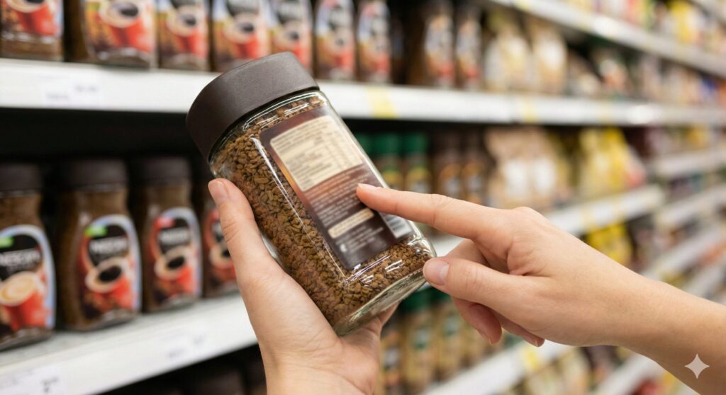 スーパーでフリーズドライコーヒーの原材料名を確認するために瓶の裏面ラベルを指差す様子