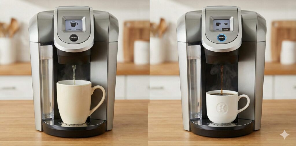 ドリップコーヒーがマグカップに注がれているクローズアップ、透き通った茶色の液体と立ち昇る湯気