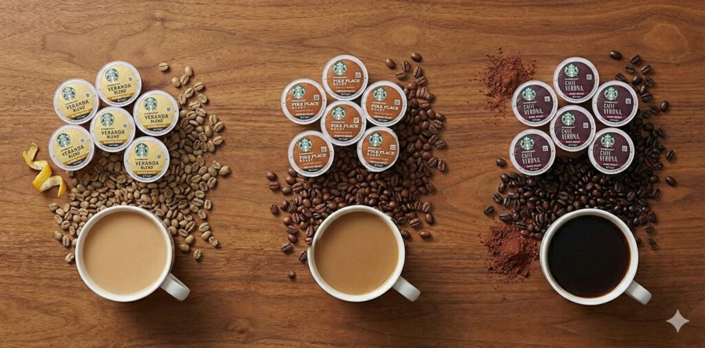 木製のテーブルに並べられた3つのコーヒー豆の山、左から浅煎り(ブロンド)、中煎り(ミディアム)、深煎り(ダーク)の色の違い