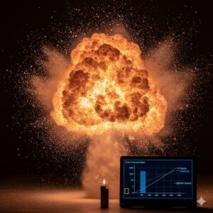 空気中に拡散する微細な粉末の粒子。粉塵爆発の原理となる表面積の増加と浮遊状態を物理的に表現したイメージ。