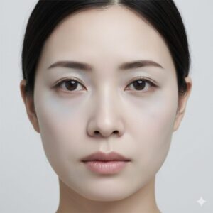 顔色が悪く、青白い肌と目の下のクマが目立つ日本人女性の顔。