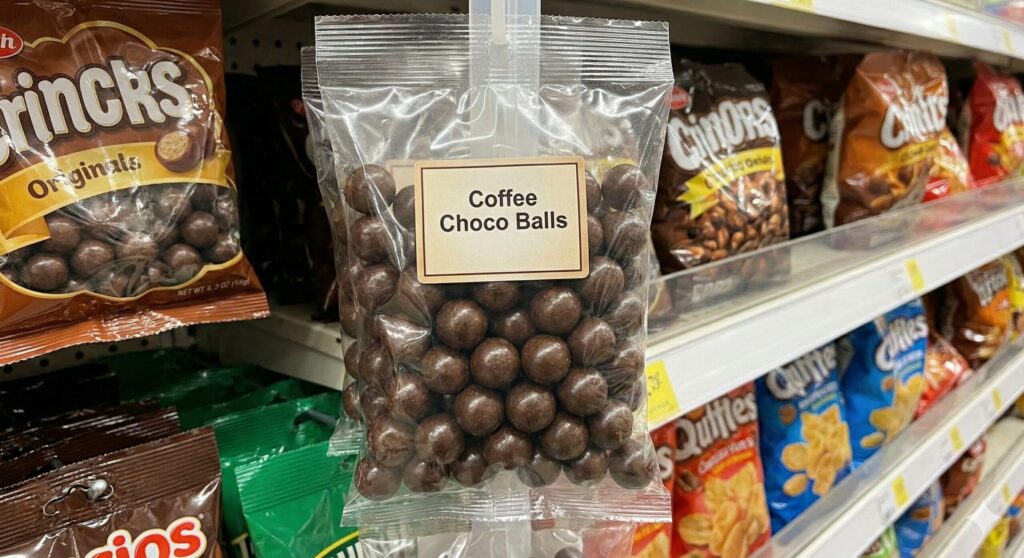 スーパーマーケットのお菓子売り場の棚に並ぶ、透明なパッケージに入ったコーヒーチョコ玉