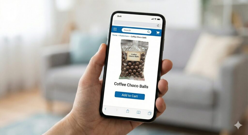 スマートフォンの画面に表示された、コーヒーチョコ玉のオンラインショップの商品購入ページ