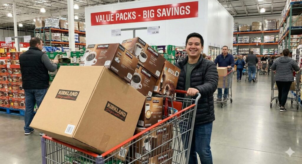 "コストコの店内で、カークランドシグネチャーの大容量キューリグKカップパックを山積みにしたカートを押して笑顔を見せる男性"