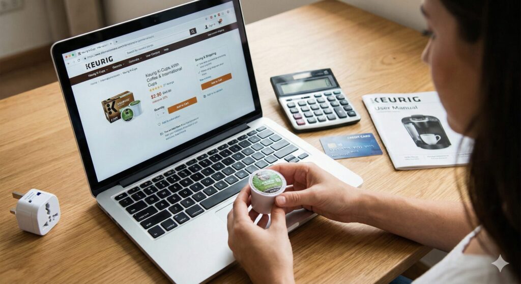 "ノートパソコンで海外のキューリグKカップ通販サイトを見ながら、手元のカプセルや電卓、変換プラグを確認して購入の準備をする様子"