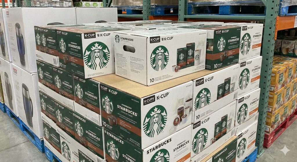 コストコの倉庫型店舗に山積みされた、スターバックス K-Cup コーヒーカプセルの大型ボックス。