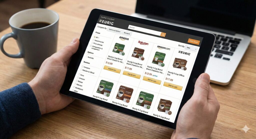 タブレット画面に表示された、Amazonや楽天などのキューリグ K-Cup 価格比較サイトを見ている様子。