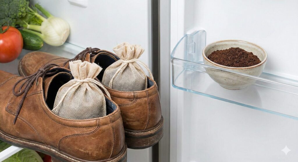 茶色の革靴の中に入れられた消臭用のコーヒーかすサシェと、冷蔵庫内の棚に置かれた脱臭用のコーヒー粉が入った小鉢の合成イメージ。
