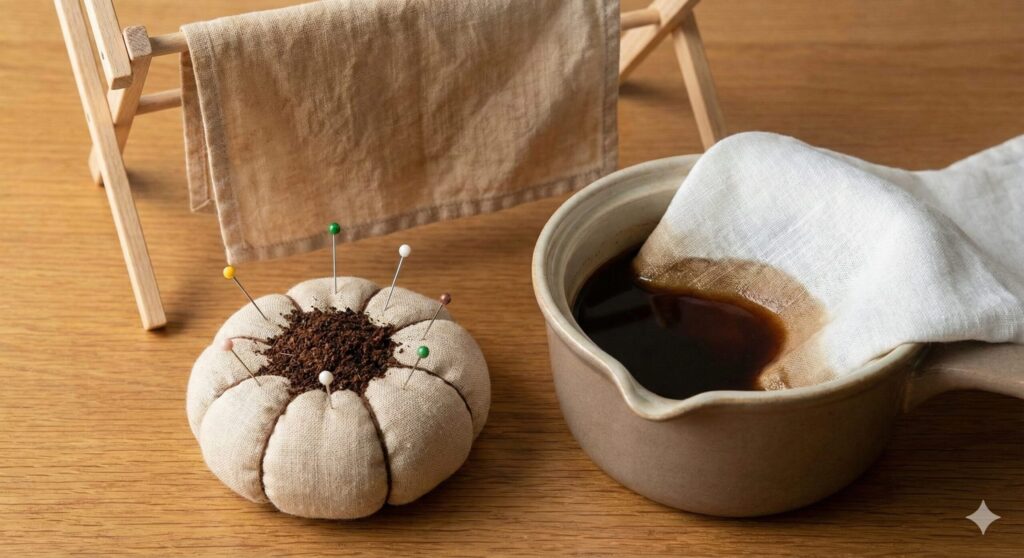 コーヒーかすを中綿に再利用した手作りの針山と、小鍋に入ったコーヒー液で白い布をじっくり染めている「コーヒー染め」の作業風景。