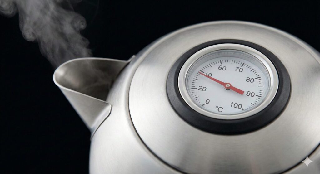 90度を指すアナログ温度計が搭載されたスタイリッシュなケトルのアップ。注ぎ口から白い湯気が立ち上り、お湯が適温であることを示している。