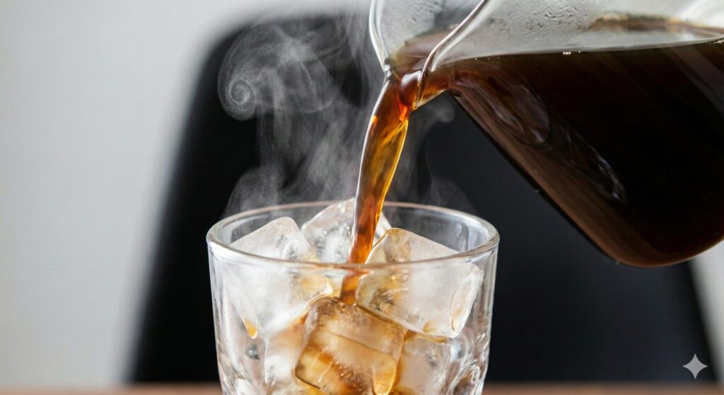 氷がたっぷり入ったグラスに、温かいコーヒーを注いで一気に急冷する様子。立ち上る湯気と氷のコントラストが、香り高いアイスコーヒーの入れ方を表現。