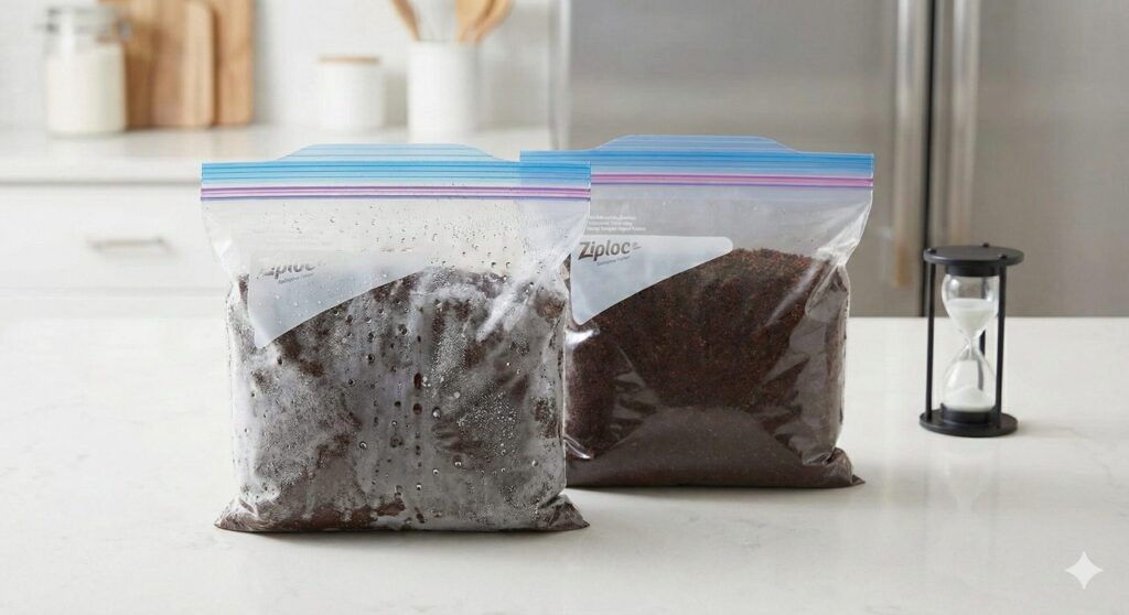 冷凍庫から出したばかりの結露で白く曇ったジップロックと、常温に戻って透明になったジップロックが並んでいる様子。横には時間の経過を示す砂時計が置かれている。