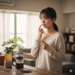 朝、コーヒーを飲みながら顔のむくみを気にする若い日本人女性