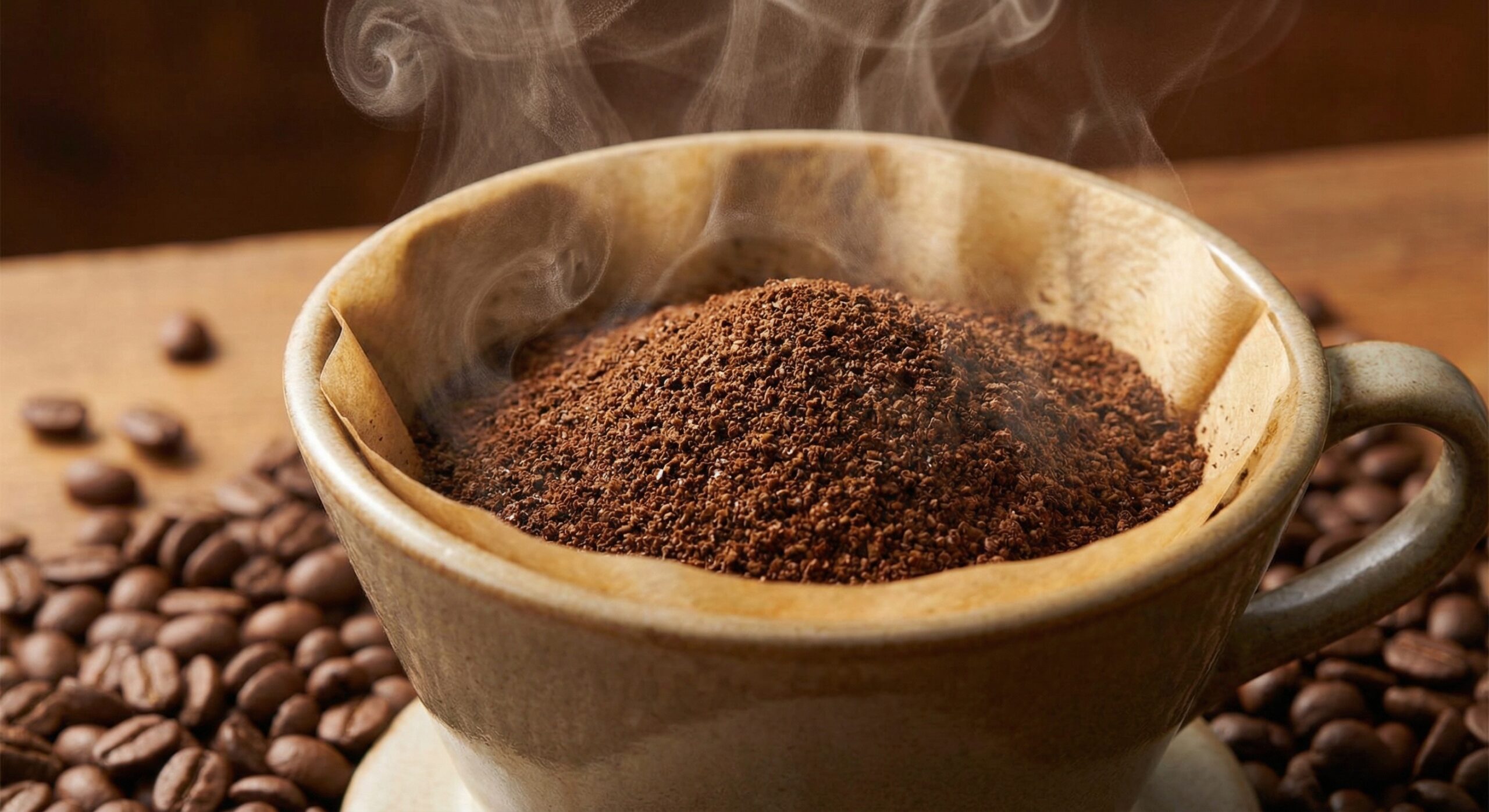 挽きたてのコーヒー粉がドリッパーに山盛りになり、そこから豊かな湯気とアロマが立ち上っているクローズアップ写真。周囲には焙煎されたコーヒー豆が散らばっている。