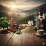 コーヒーチェリーの収穫から精製、焙煎、そしてカップに注がれたコーヒーまでの全工程を一望できる俯瞰図。アジア系の男女が作業する風景と、広大なコーヒー農園の夕景。