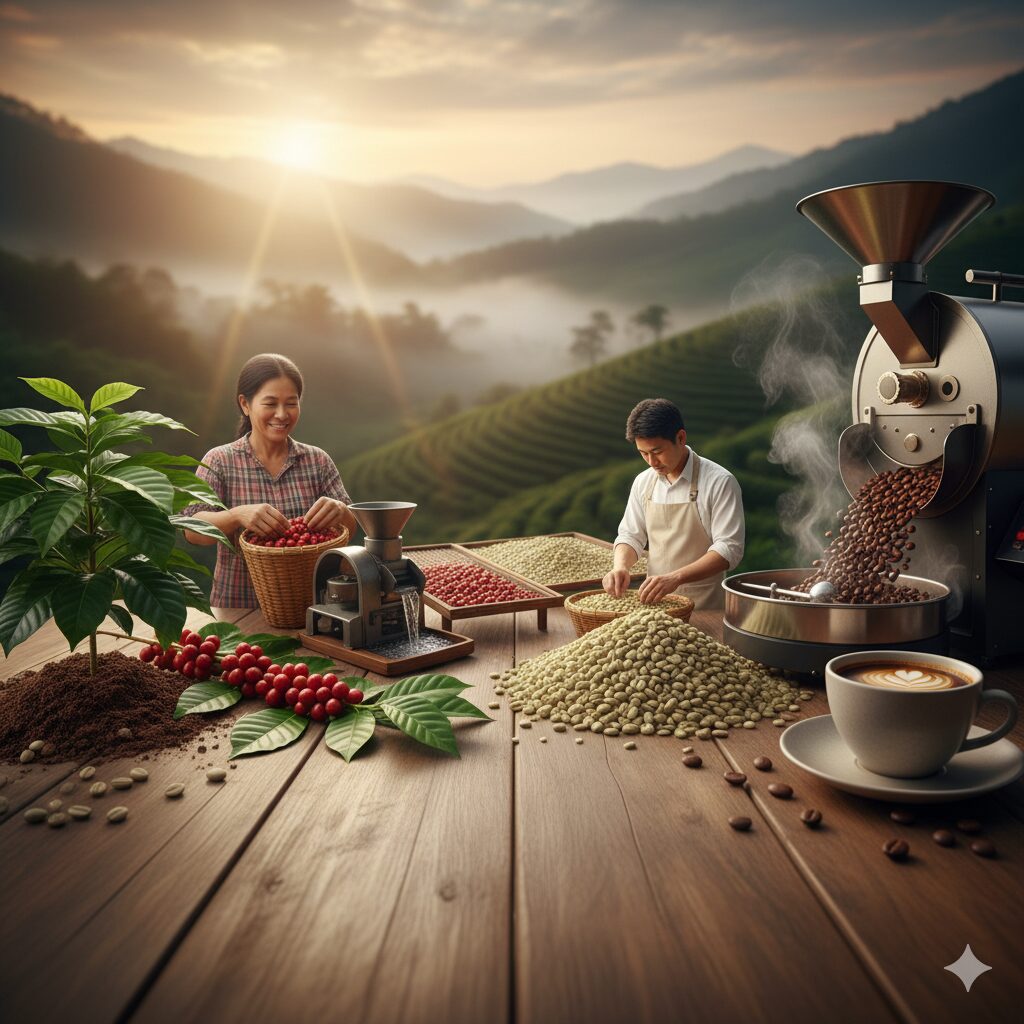 コーヒーチェリーの収穫から精製、焙煎、そしてカップに注がれたコーヒーまでの全工程を一望できる俯瞰図。アジア系の男女が作業する風景と、広大なコーヒー農園の夕景。