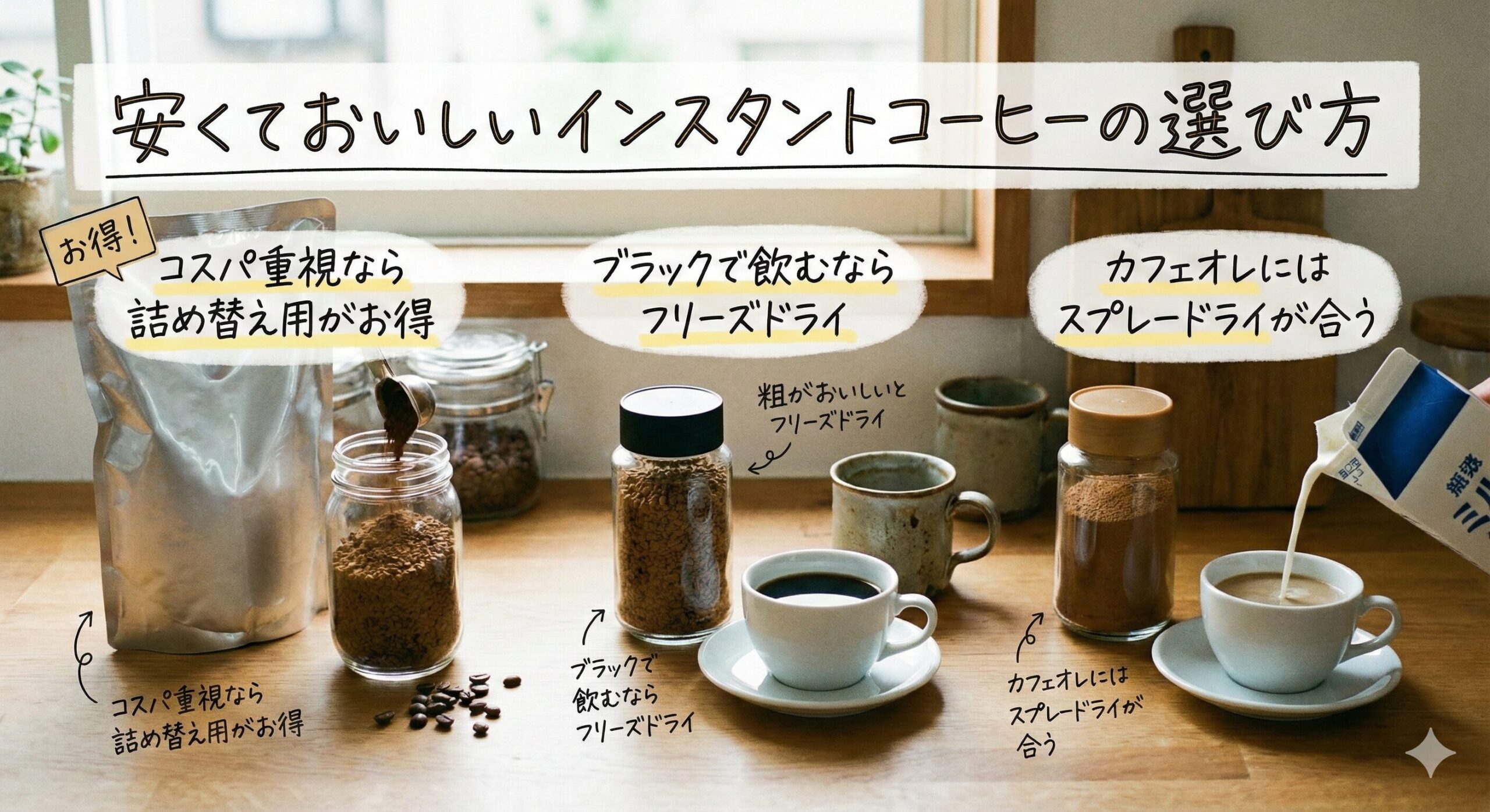 インスタントコーヒーの種類と選び方の比較図