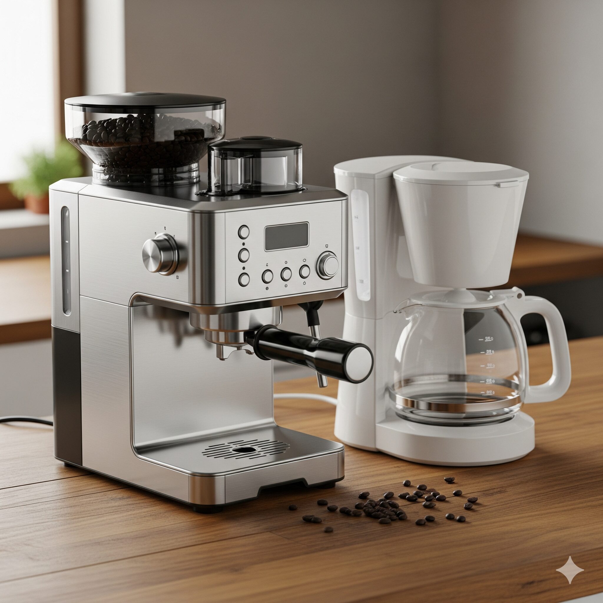 ミル付きの洗練されたシルバーのコーヒーメーカーと、シンプルな白いミルなしコーヒーメーカーが並んでいます。ミル付きのコーヒーメーカーにはコーヒー豆がセットされており、ミルなしのコーヒーメーカーの隣には手動のコーヒーミルと豆が入った袋が置かれています。どちらも淹れたてのコーヒーがカップに入っており、テーブルに置かれています。