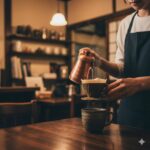 星乃珈琲店の落ち着いた空間で、ハンドドリップで淹れられた湯気の立つホットデカフェコーヒーを味わう様子