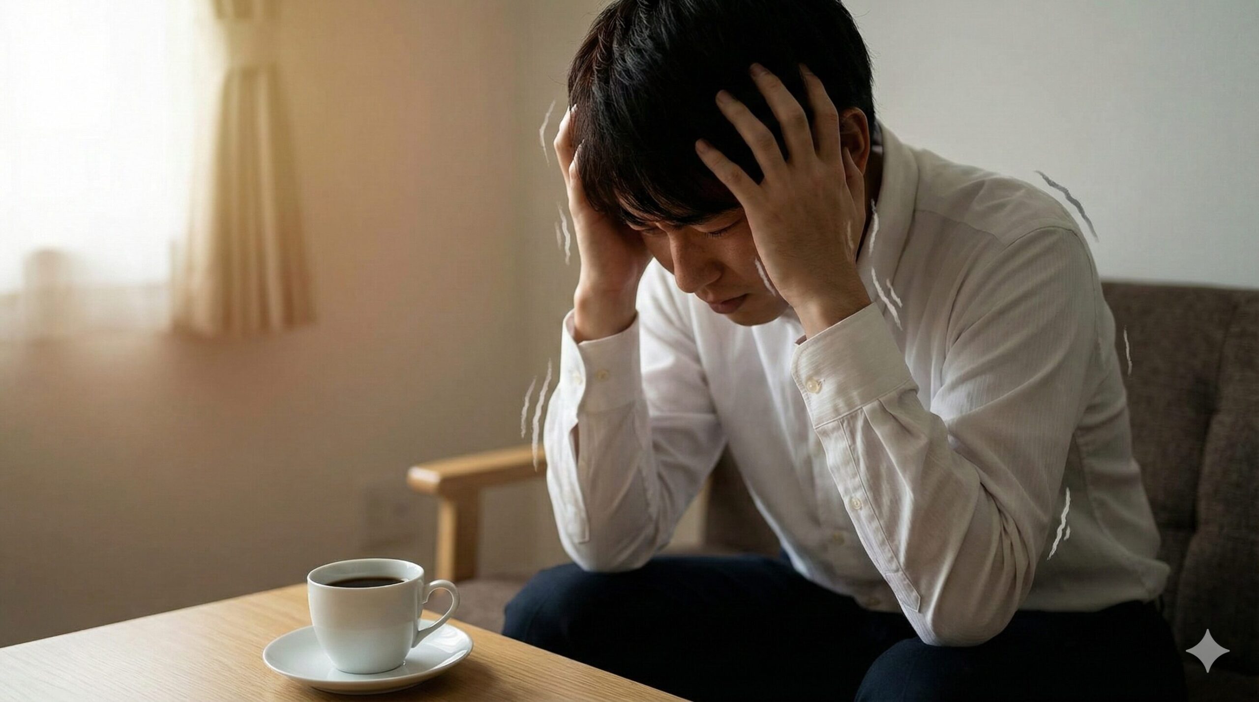 コーヒーを飲み過ぎて大量が悪くなり、頭を抱えている男性