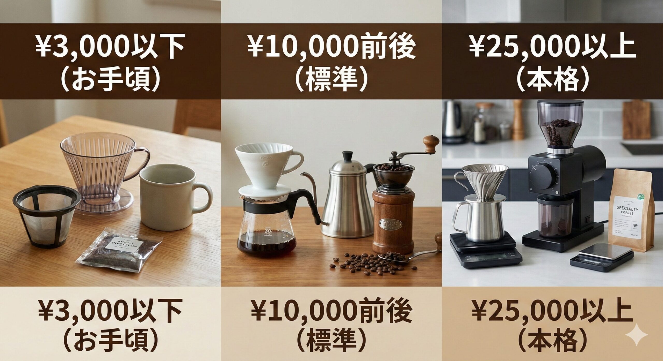 記事「予算別！初心者が最初に買うべきコーヒー器具セットを解説」の見出し画像。¥3,000以下（お手頃）、¥10,000前後（標準）、¥25,000以上（本格）の3つの予算帯ごとに、推奨されるコーヒー器具の組み合わせ（ドリッパー、ミル、ケトルなど）が写真で紹介されている。