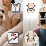 左右に分割された画像で、コーヒーの飲み方によるダイエットへの影響を対比して示している。左側には、ホイップクリームが乗った甘いドリンクを飲む女性と、満杯の胃、体重増加を示す体重計のアイコン。右側には、ブラックコーヒーを持つ運動着の女性と、引き締まったウエストを示す2つのアイコン。高カロリーな飲み方が体重増加につながり、ブラックコーヒーがダイエットに適していることを視覚的に表現している。