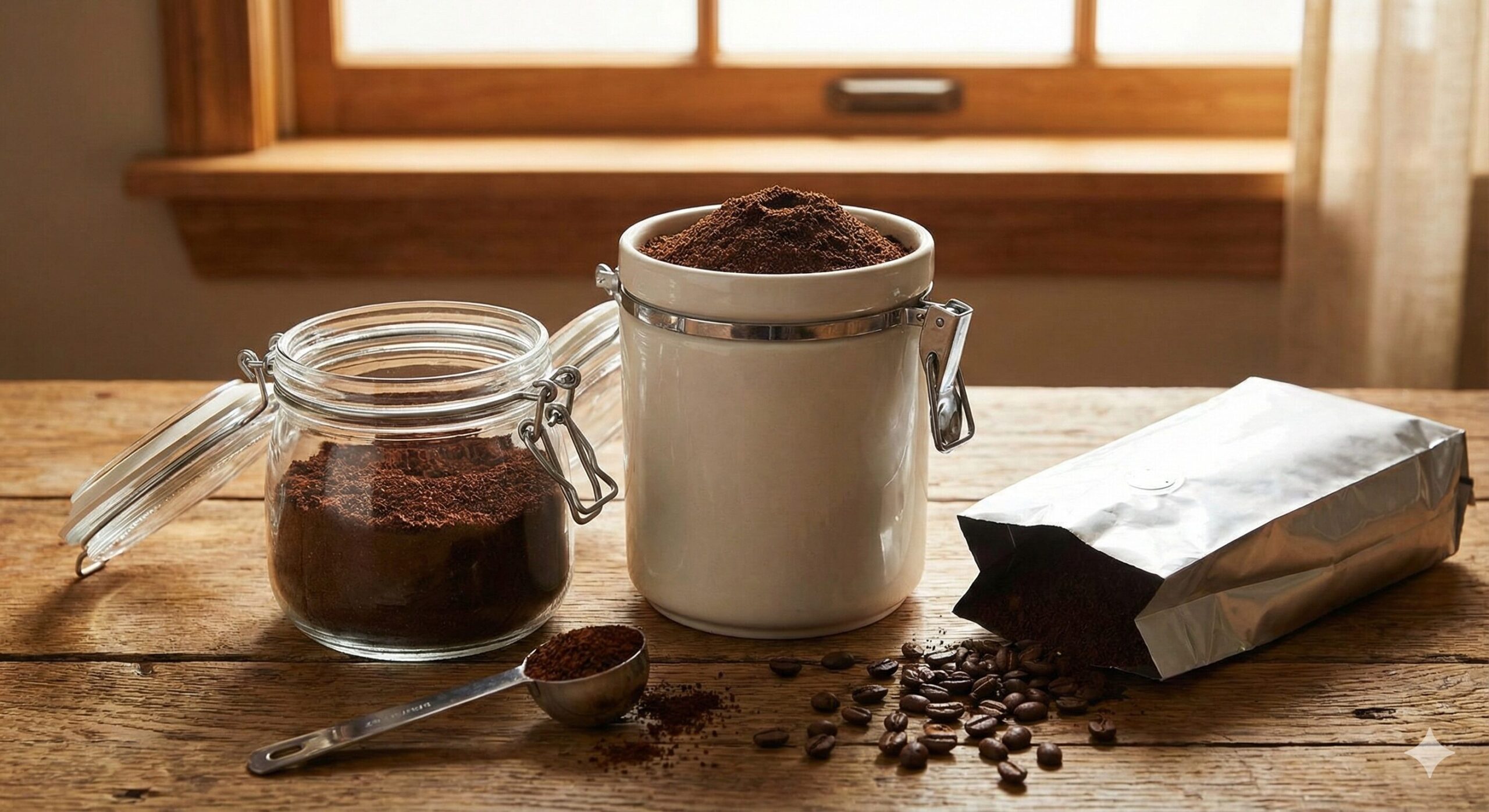 木目調のテーブルに並ぶ、挽いたあとのコーヒー粉が入ったガラス瓶、陶器のキャニスター、および遮光性の高いアルミ袋。温かみのあるキッチンでのコーヒー保存風景。