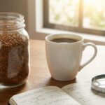 フリーズドライコーヒーの成分を科学的に検証するための研究ノートと虫眼鏡、コーヒーが置かれたデスク