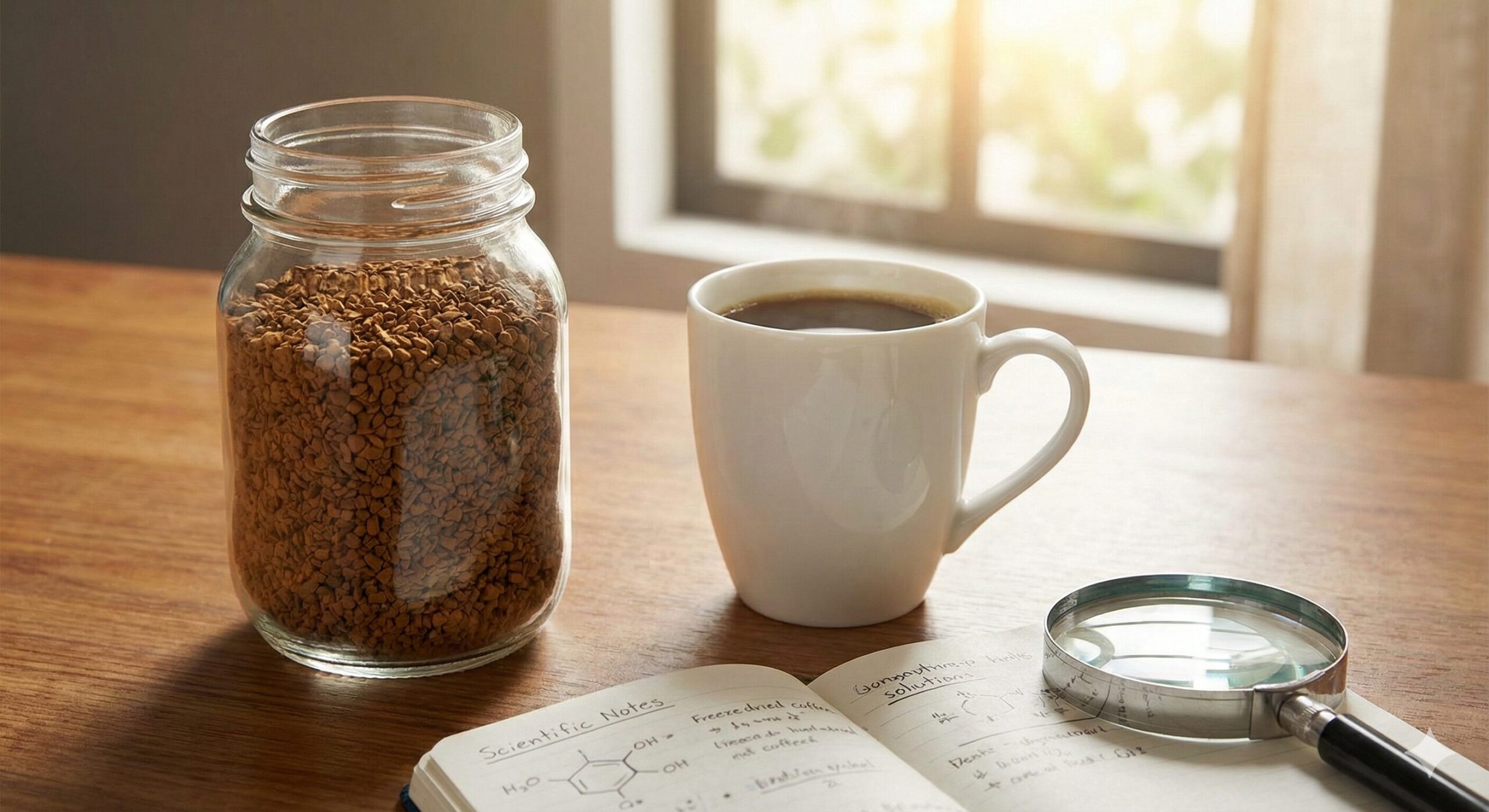 フリーズドライコーヒーの成分を科学的に検証するための研究ノートと虫眼鏡、コーヒーが置かれたデスク