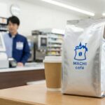 ローソンの店舗カウンターに置かれたマチカフェのコーヒー豆（250g袋）とテイクアウト用の紙コップ。