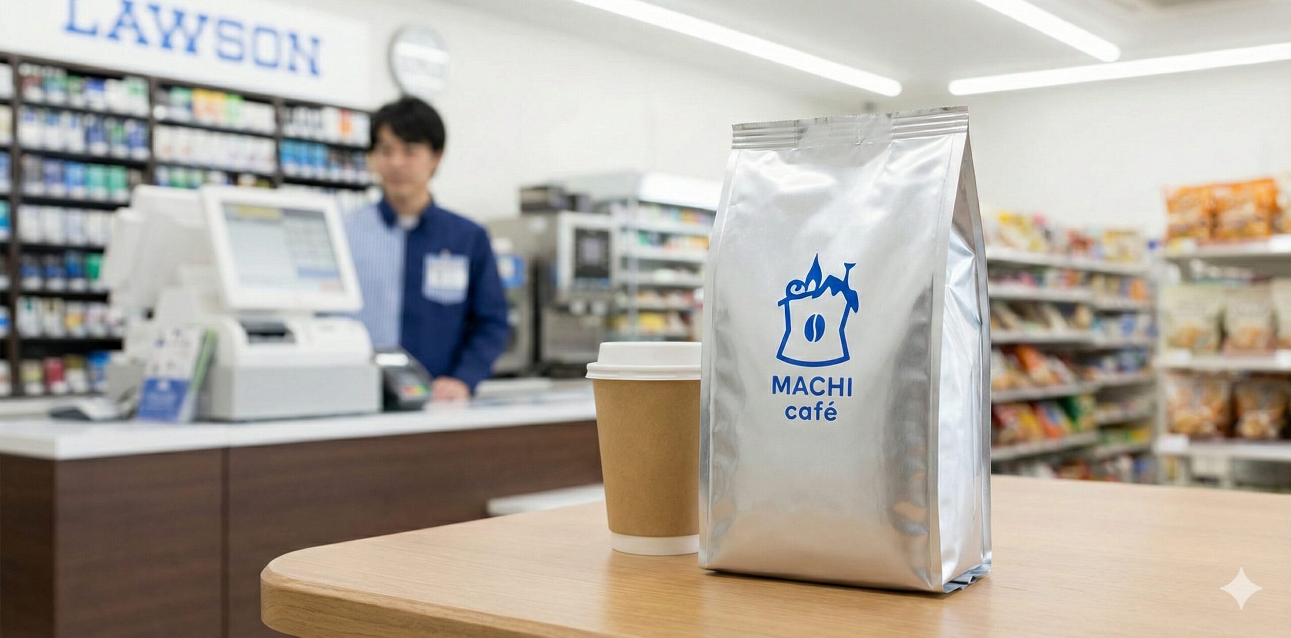 ローソンの店舗カウンターに置かれたマチカフェのコーヒー豆（250g袋）とテイクアウト用の紙コップ。