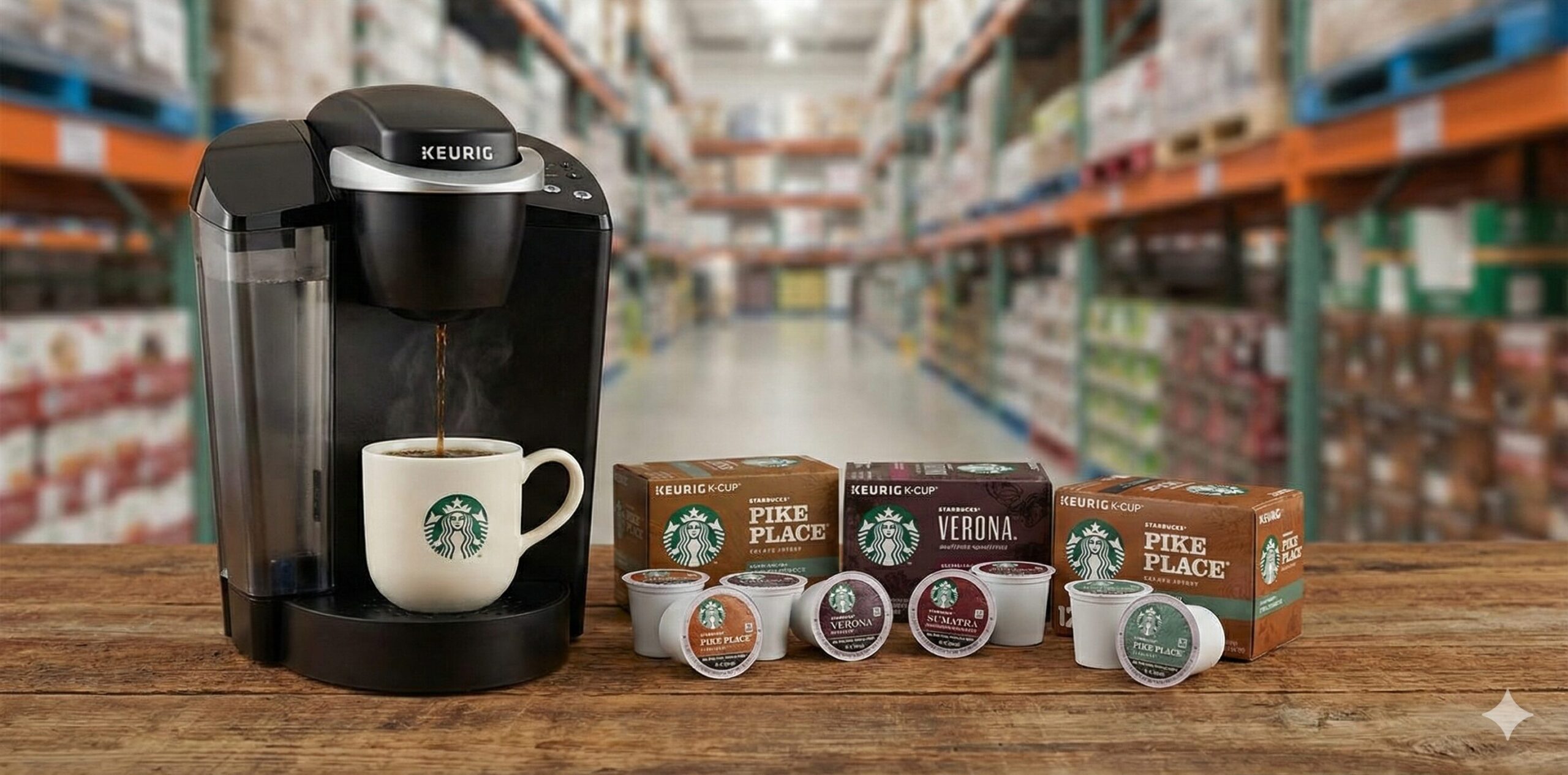 木製のキッチンカウンターに置かれたキューリグ風のコーヒーメーカーと、抽出されたマグカップのコーヒー、横に並ぶスターバックスカラーのK-Cupカプセル