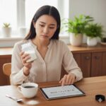 コーヒーミルク粉の瓶を手に持ち、その安全性や成分について思案している日本人女性の様子。