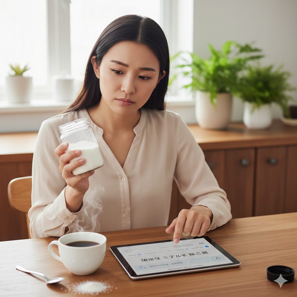 コーヒーミルク粉の瓶を手に持ち、その安全性や成分について思案している日本人女性の様子。
