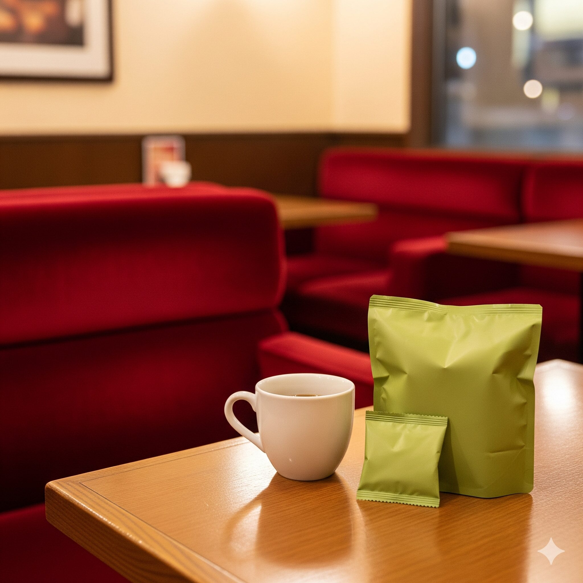 コメダ珈琲店のテーブルに置かれたホットコーヒーと持ち帰り用の豆菓子（大袋・小袋）