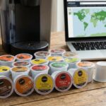 海外通販サイトが表示されたノートパソコンの前で、木のテーブルに並べられたスターバックスやダンキンなど種類豊富な海外製キューリグKカップとコーヒーマシン"