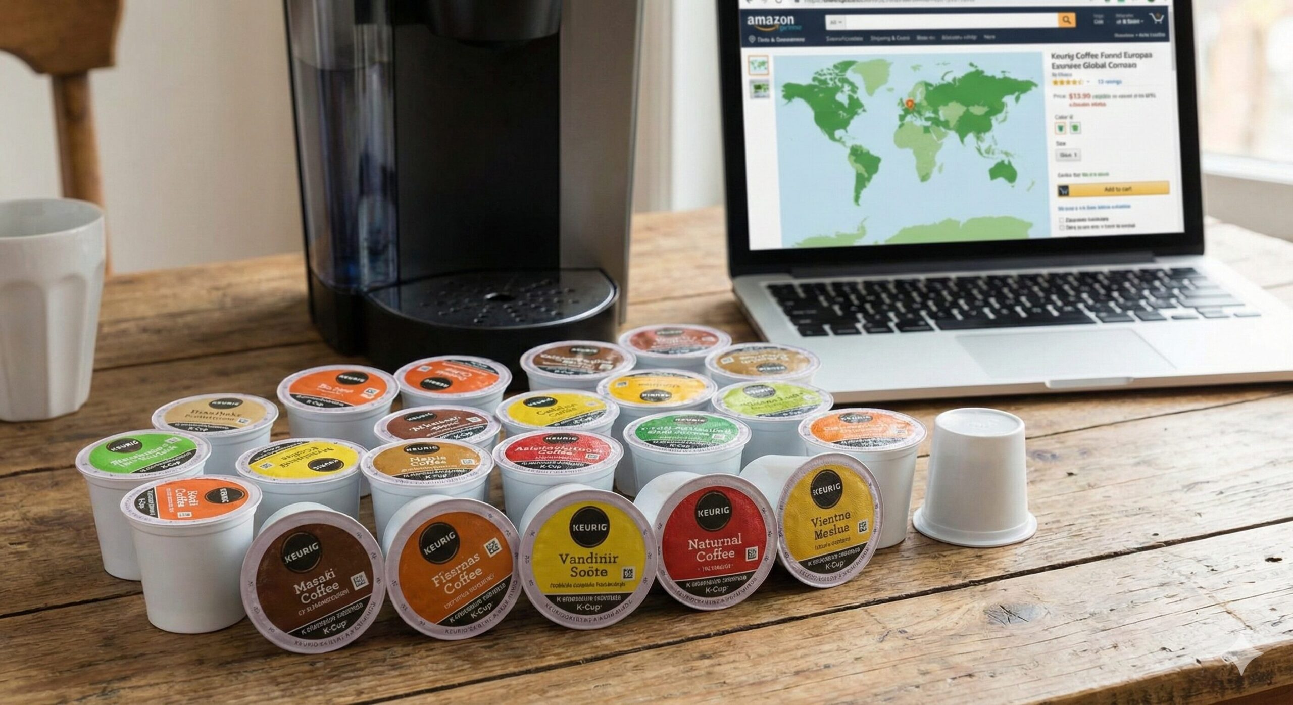 海外通販サイトが表示されたノートパソコンの前で、木のテーブルに並べられたスターバックスやダンキンなど種類豊富な海外製キューリグKカップとコーヒーマシン"