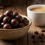 木目調のテーブルに置かれた、ボウルいっぱいのコーヒーチョコ玉と湯気が立つコーヒーカップ