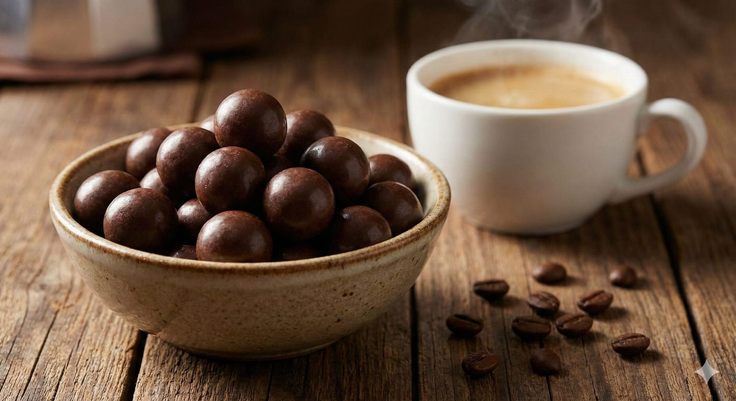 木目調のテーブルに置かれた、ボウルいっぱいのコーヒーチョコ玉と湯気が立つコーヒーカップ
