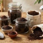 木目調のテーブルに並ぶ、コーヒー豆のかすが入った複数のガラス瓶と布袋。園芸用のスコップや小さな観葉植物が添えられた、再利用の準備が整ったイメージ。