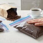キッチンのカウンターで、コーヒー粉が入ったジップロックを上から手で押さえて空気を抜いている様子。背景には開封されたコーヒー豆の袋と、湯気が立つコーヒーカップが置かれている。